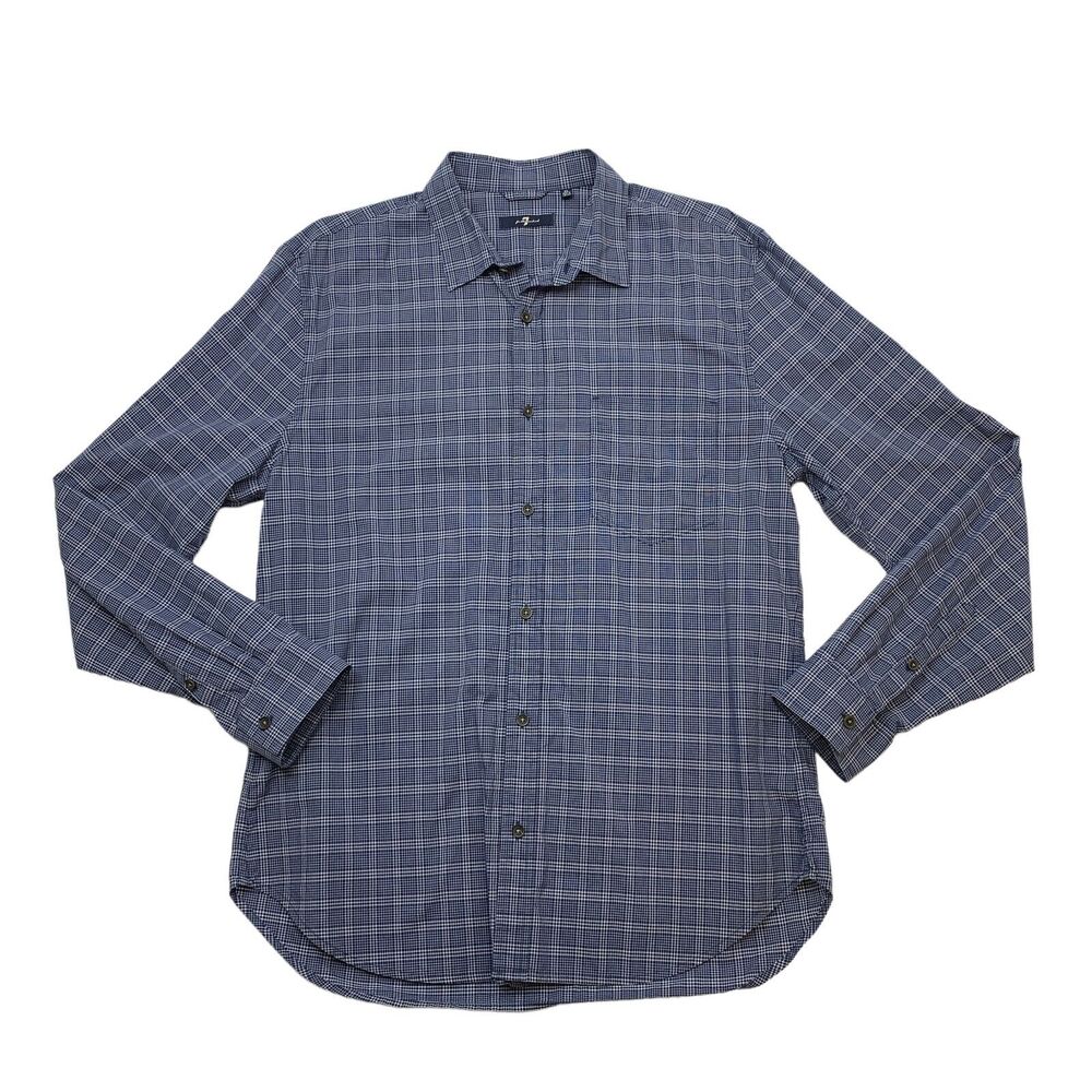 7 For All Mankind Shirt Mens XL Extra Large Blue Plaid Long Sleeve Cotton Button